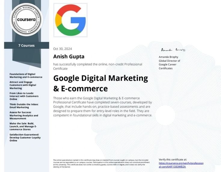 #coursera #digitalmarketing #ecommerce #google #learning #certificate… _ Anish Kumar Gupta